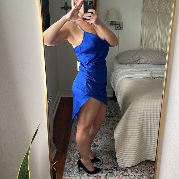 Bardot Dress Womens Large Blue Spaghetti Strap Asymmetric Hem Minidress - Picture 2 of 8